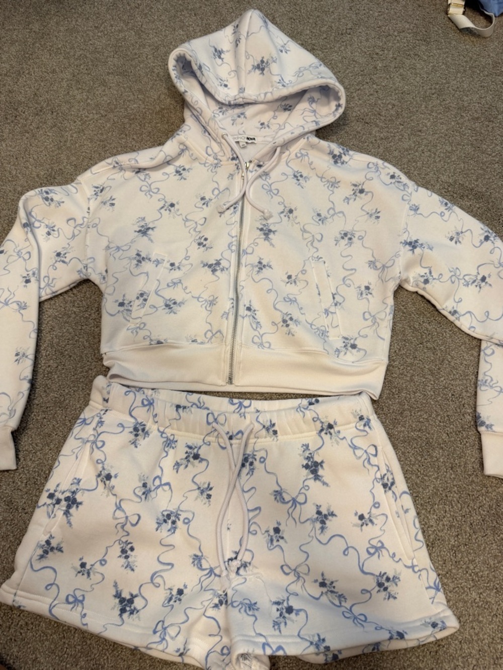 Fashion Nova Cream & Light Blue Floral Zip Hoodie and Shorts Set